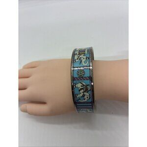 HERMES Elephant Bangle Bracelet Cloisonné Blue Enamel Silver Tone Metal .75x2.5”